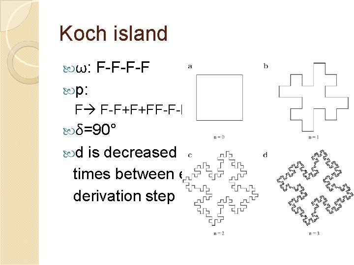 Koch island ω: F-F-F-F p: F F-F+F+FF-F-F+F δ=90° d is decreased 4 times between