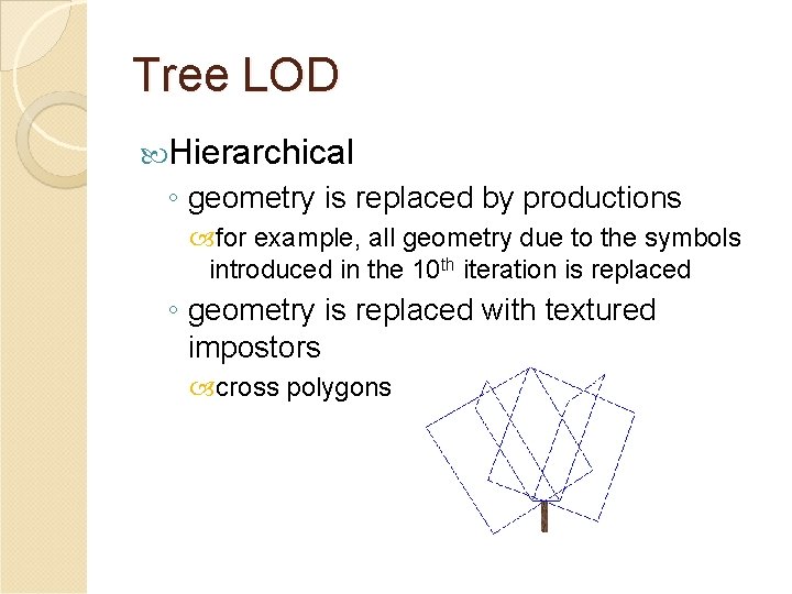Tree LOD Hierarchical ◦ geometry is replaced by productions for example, all geometry due