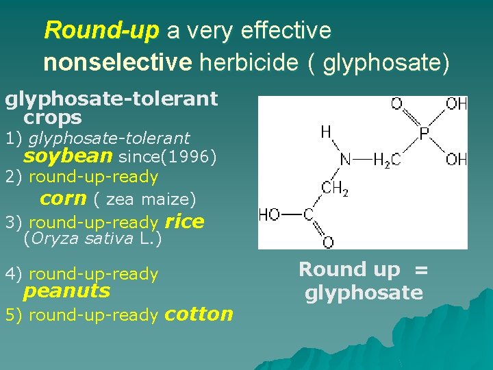 Round-up a very effective nonselective herbicide ( glyphosate) glyphosate-tolerant crops 1) glyphosate-tolerant soybean since(1996)