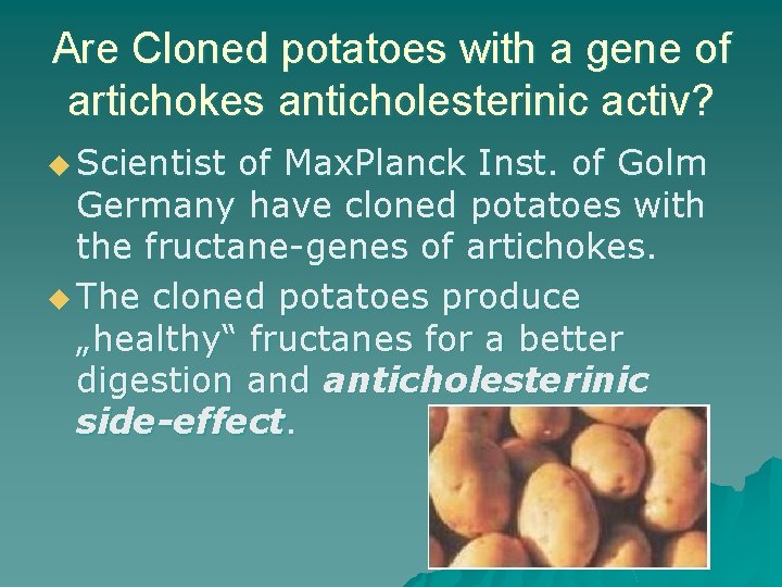 Are Cloned potatoes with a gene of artichokes anticholesterinic activ? u Scientist of Max.