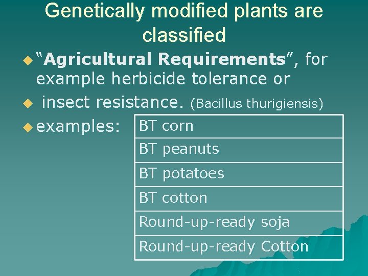 Genetically modified plants are classified u “Agricultural Requirements”, for example herbicide tolerance or u