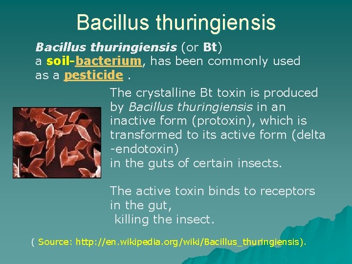 Bacillus thuringiensis (or Bt) a soil-bacterium, has been commonly used as a pesticide. The