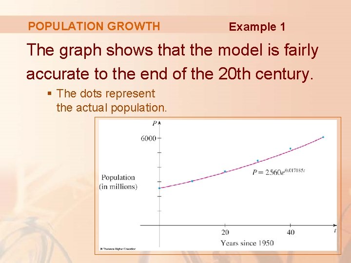 POPULATION GROWTH Example 1 The graph shows that the model is fairly accurate to POPULATION GROWTH Example 1 The graph shows that the model is fairly accurate to