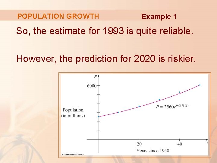 POPULATION GROWTH Example 1 So, the estimate for 1993 is quite reliable. However, the POPULATION GROWTH Example 1 So, the estimate for 1993 is quite reliable. However, the