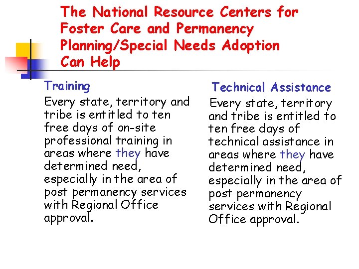 The National Resource Centers for Foster Care and Permanency Planning/Special Needs Adoption Can Help