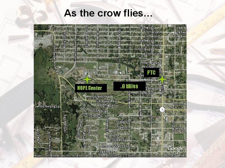 As the crow flies… PTC HOPE Center . 8 Miles 