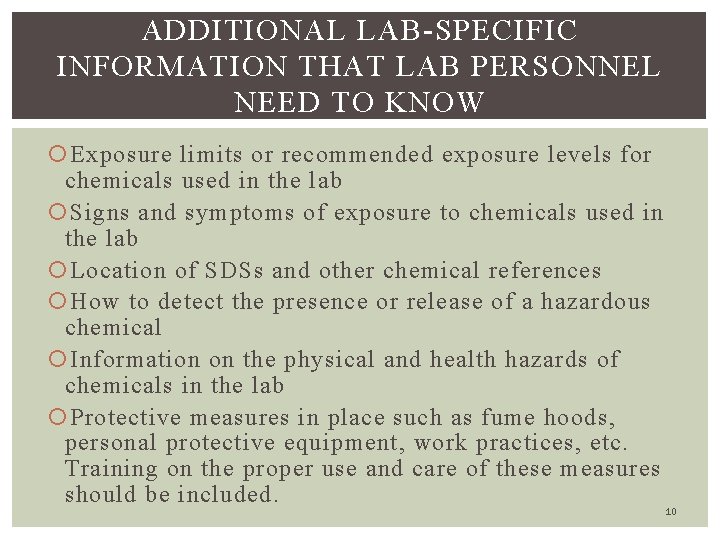 ADDITIONAL LAB-SPECIFIC INFORMATION THAT LAB PERSONNEL NEED TO KNOW Exposure limits or recommended exposure