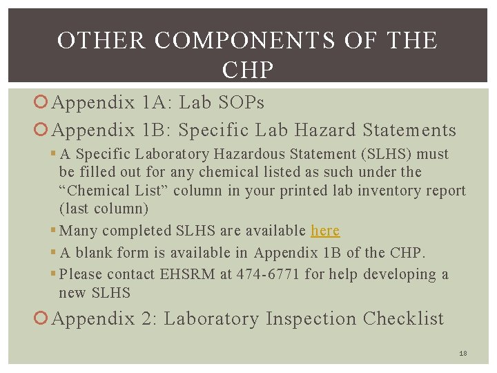 OTHER COMPONENTS OF THE CHP Appendix 1 A: Lab SOPs Appendix 1 B: Specific
