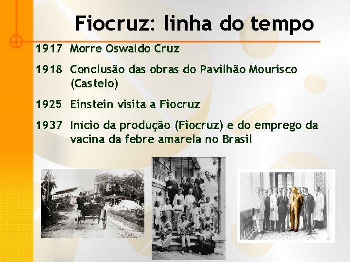 Fiocruz: linha do tempo 1917 Morre Oswaldo Cruz 1918 Conclusão das obras do Pavilhão