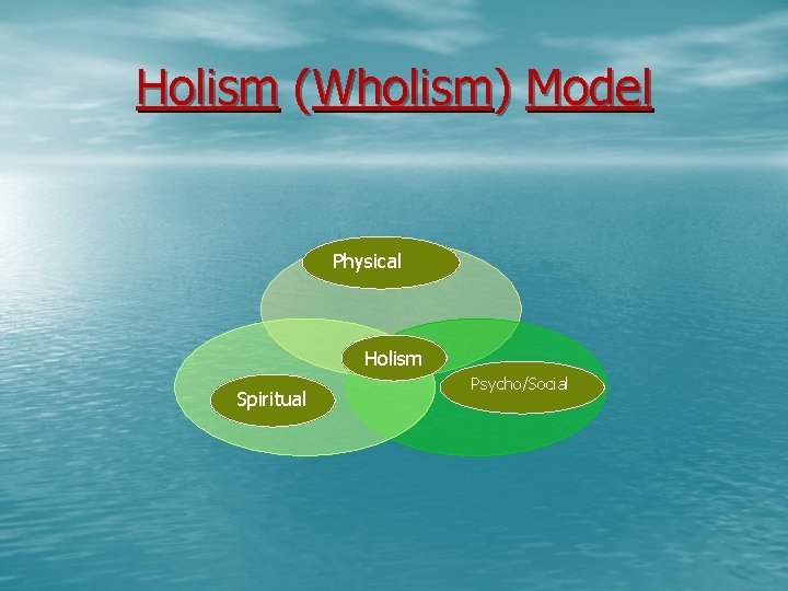 Holism (Wholism) Model Physical Holism Spiritual Psycho/Social 