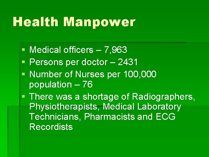 Health Manpower § § § Medical officers – 7, 963 Persons per doctor –