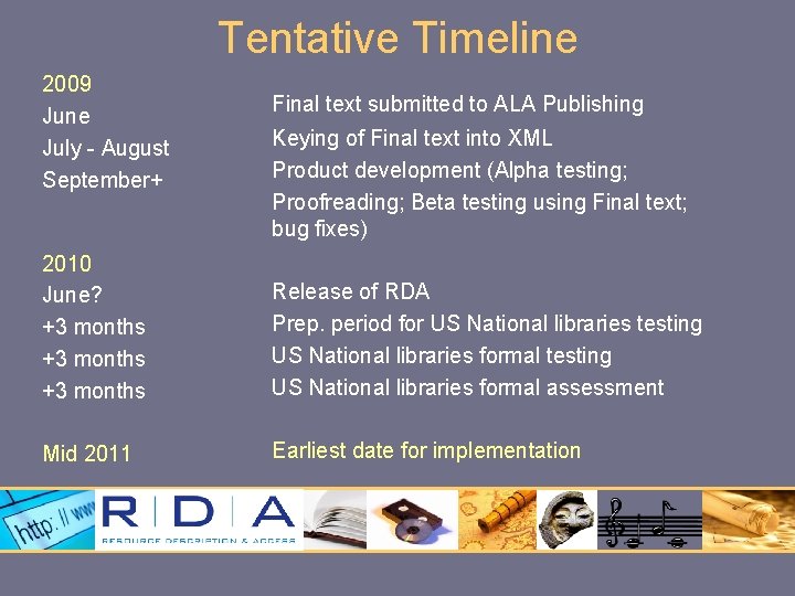 Tentative Timeline 2009 June July - August September+ Final text submitted to ALA Publishing