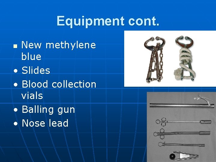 Equipment cont. New methylene blue • Slides • Blood collection vials • Balling gun
