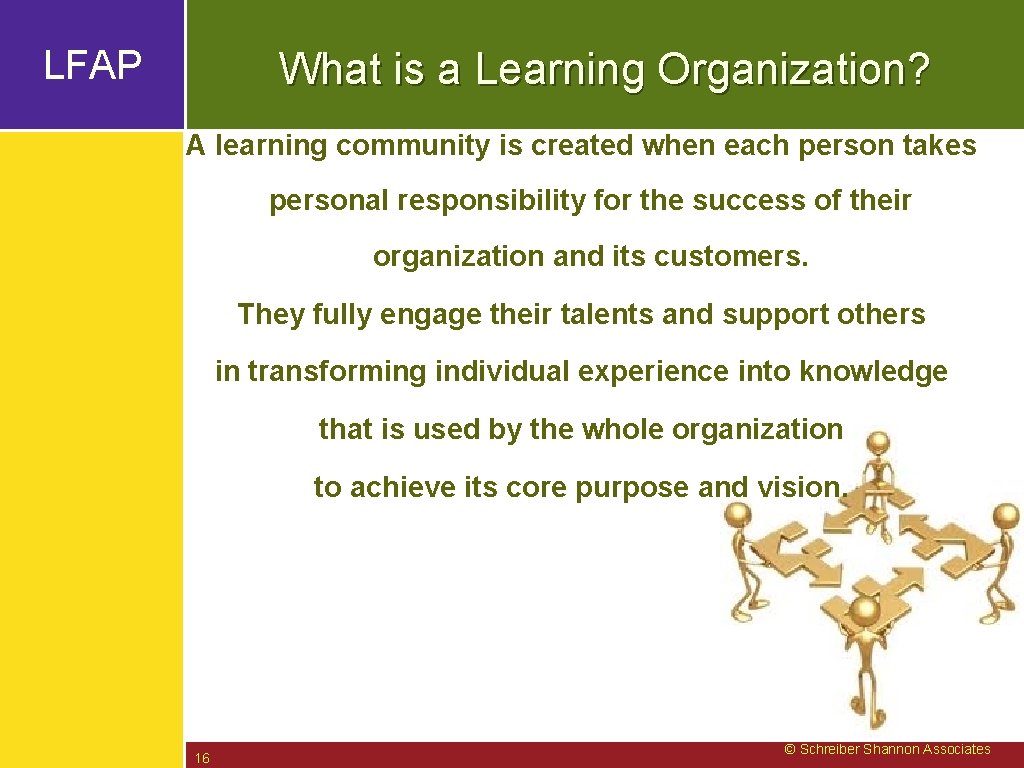 LFAP What is a Learning Organization? A learning community is created when each person
