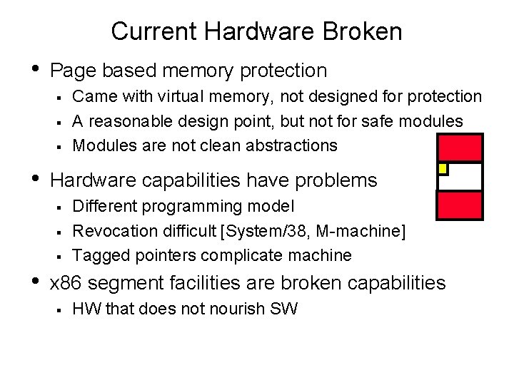 Current Hardware Broken • Page based memory protection § § § • Hardware capabilities