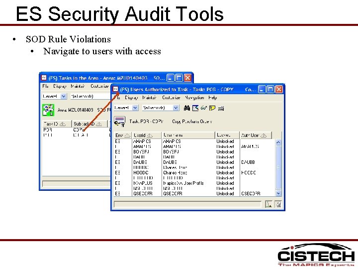 ES Security Audit Tools • SOD Rule Violations • Navigate to users with access