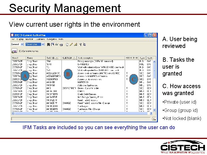 Security Management View current user rights in the environment A. User being reviewed A