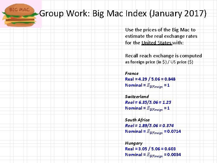 Group Work: Big Mac Index (January 2017) Use the prices of the Big Mac