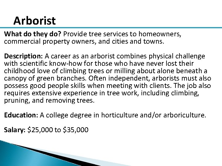 Arborist What do they do? Provide tree services to homeowners, commercial property owners, and