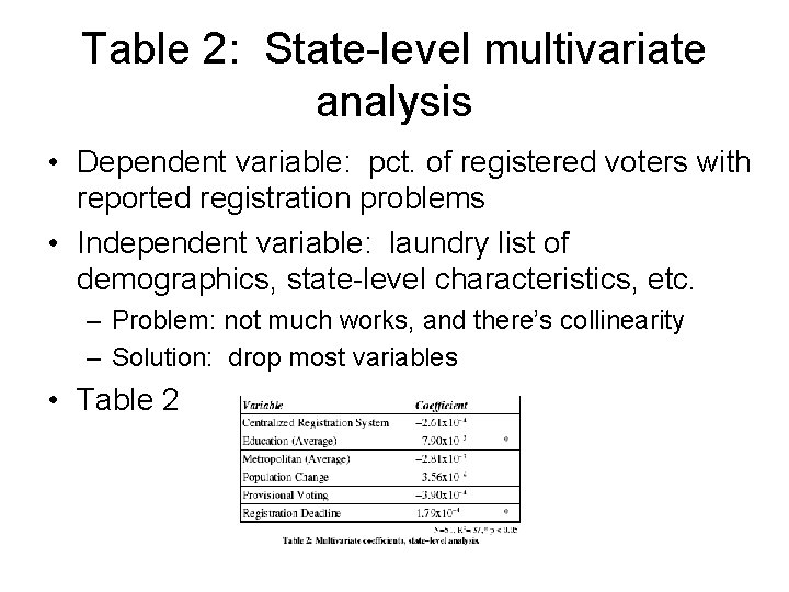 Table 2: State-level multivariate analysis • Dependent variable: pct. of registered voters with reported