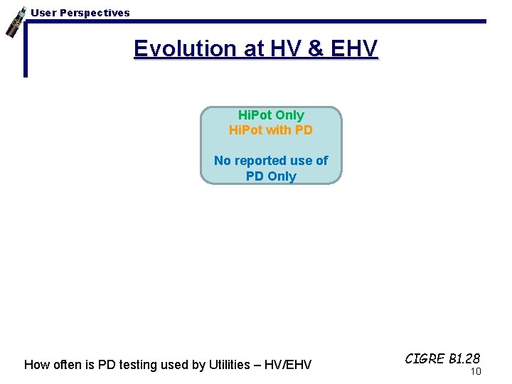 User Perspectives Evolution at HV & EHV Hi. Pot Only Hi. Pot with PD