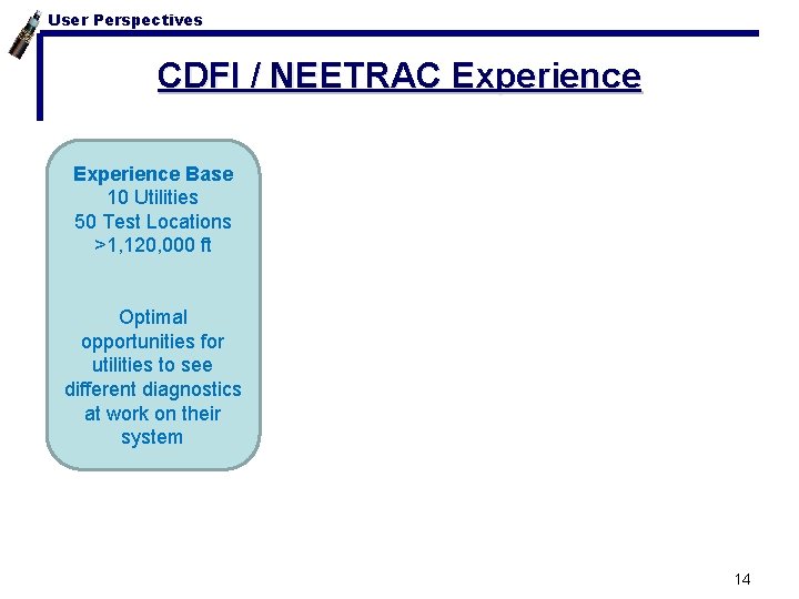 User Perspectives CDFI / NEETRAC Experience Base 10 Utilities 50 Test Locations >1, 120,