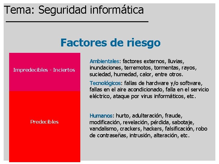 Tema: Seguridad informática Factores de riesgo Impredecibles - Inciertos Ambientales: Ambientales factores externos, lluvias,