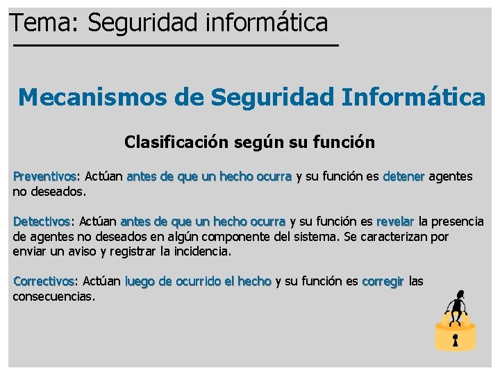 Tema: Seguridad informática Mecanismos de Seguridad Informática Clasificación según su función Preventivos: Preventivos Actúan