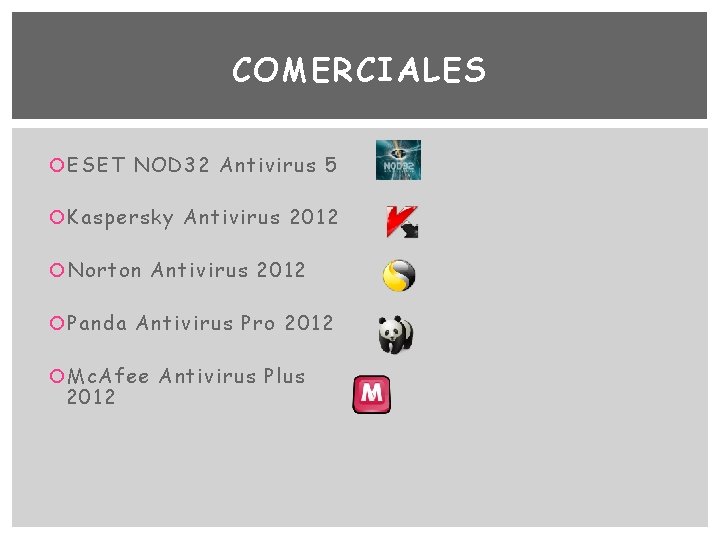 COMERCIALES ESET NOD 32 Antivirus 5 Kaspersky Antivirus 2012 Norton Antivirus 2012 Panda Antivirus