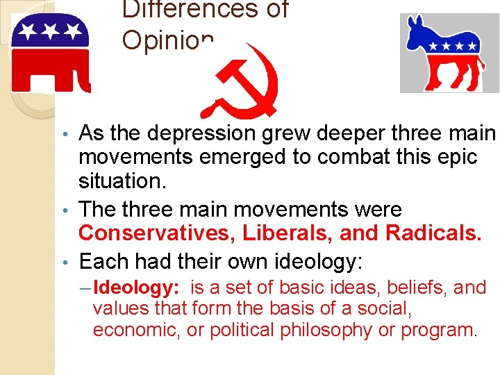 Differences of Opinion As the depression grew deeper three main movements emerged to combat