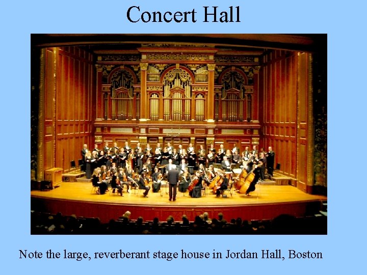 Concert Hall Note the large, reverberant stage house in Jordan Hall, Boston 