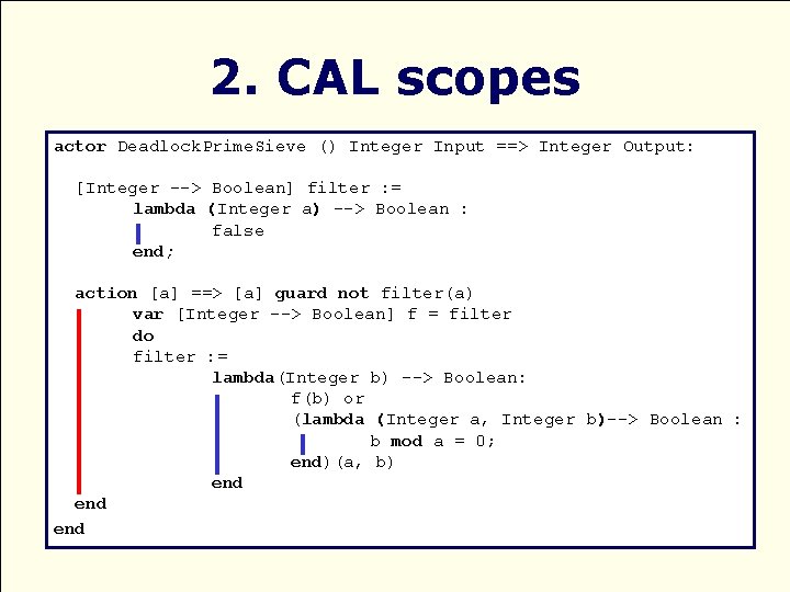 2. CAL scopes actor Deadlock. Prime. Sieve () Integer Input ==> Integer Output: [Integer