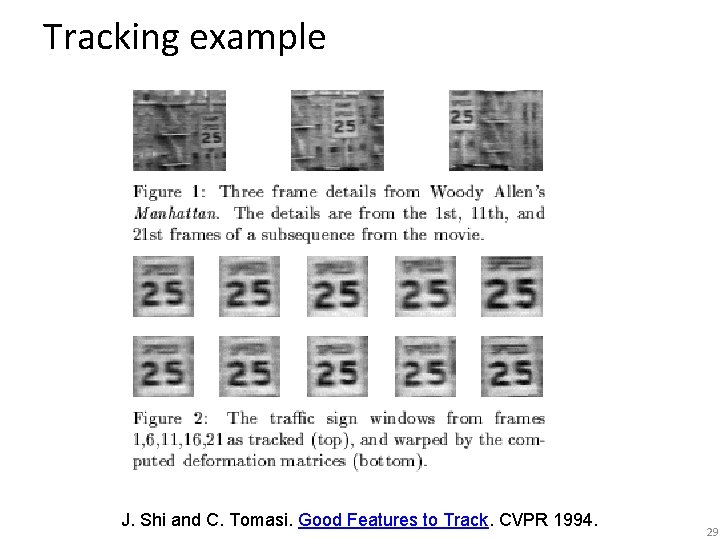 Tracking example J. Shi and C. Tomasi. Good Features to Track. CVPR 1994. 29