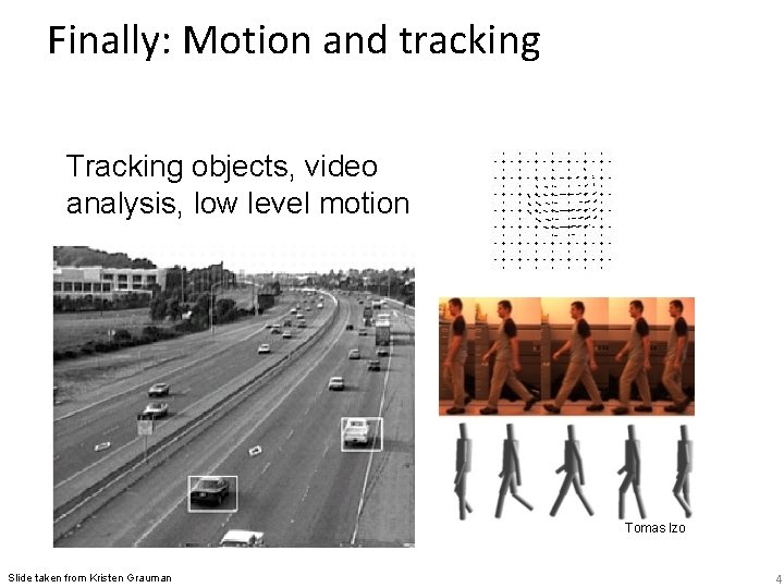 Finally: Motion and tracking Tracking objects, video analysis, low level motion Tomas Izo Slide