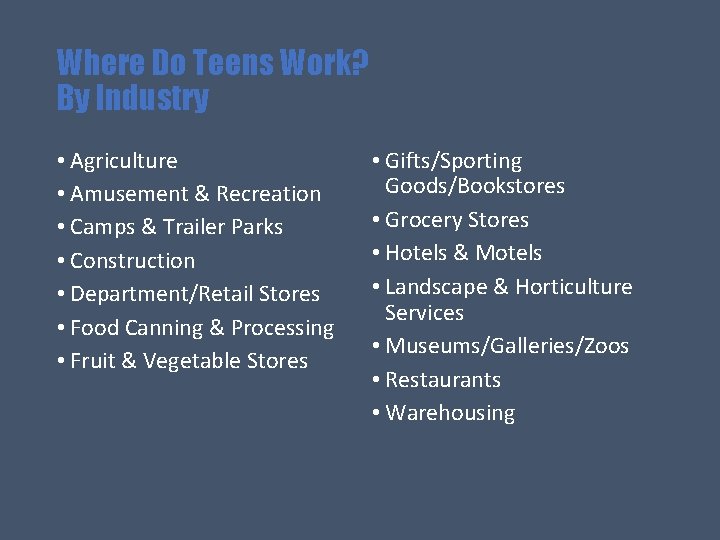 Where Do Teens Work? By Industry • Agriculture • Amusement & Recreation • Camps