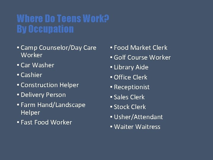 Where Do Teens Work? By Occupation • Camp Counselor/Day Care Worker • Car Washer