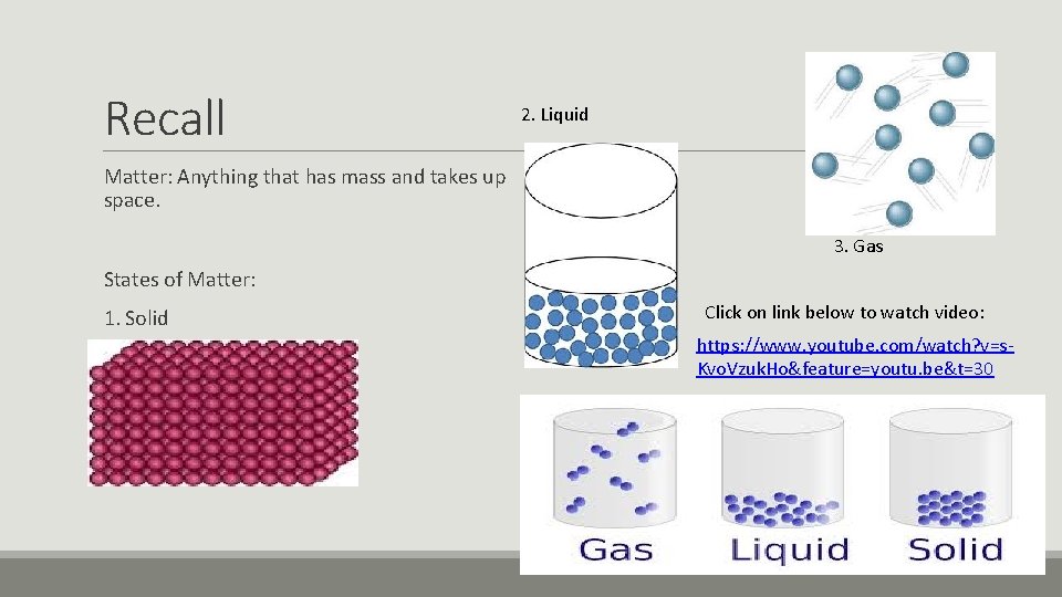 Recall 2. Liquid Matter: Anything that has mass and takes up space. 3. Gas