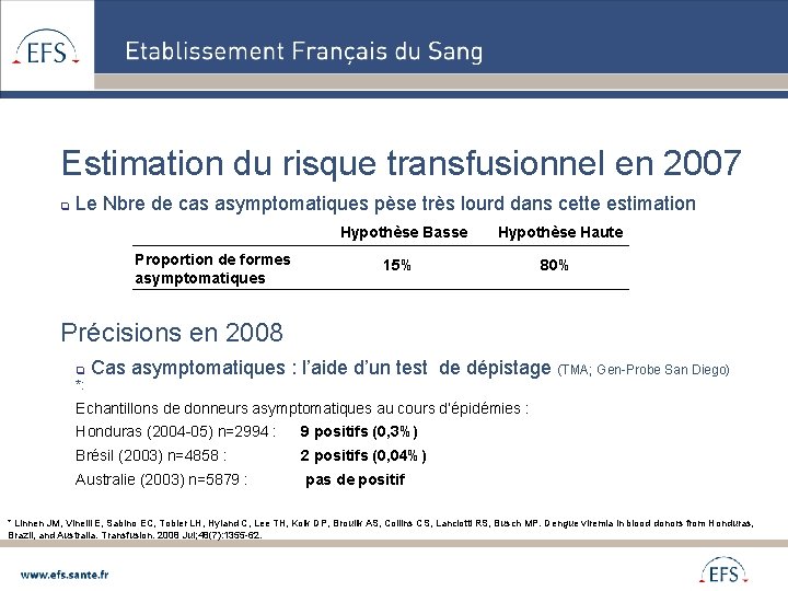 Estimation du risque transfusionnel en 2007 q Le Nbre de cas asymptomatiques pèse très