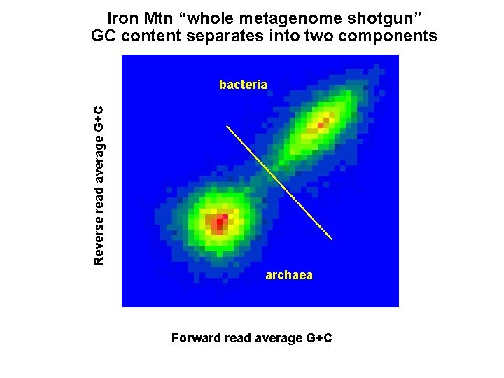 Iron Mtn “whole metagenome shotgun” GC content separates into two components Reverse read average