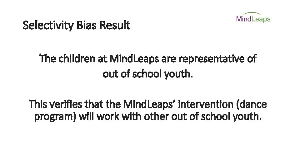 Selectivity Bias Result The children at Mind. Leaps are representative of out of school
