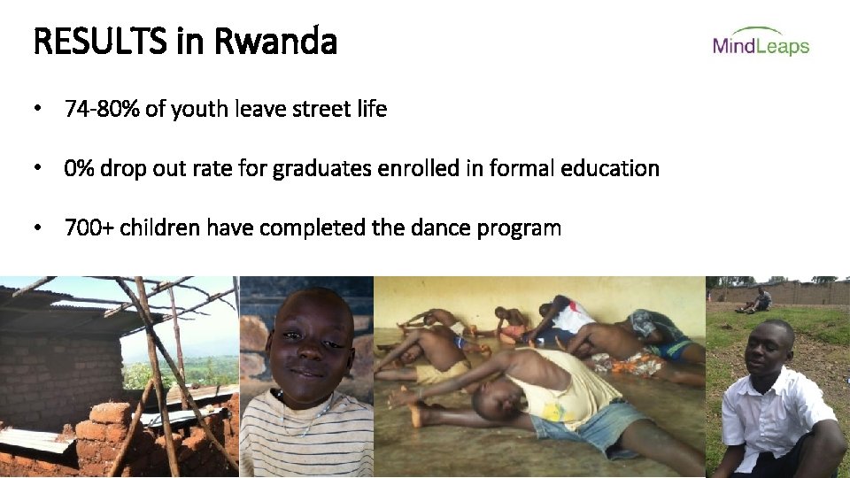 RESULTS in Rwanda • 74 -80% of youth leave street life • 0% drop