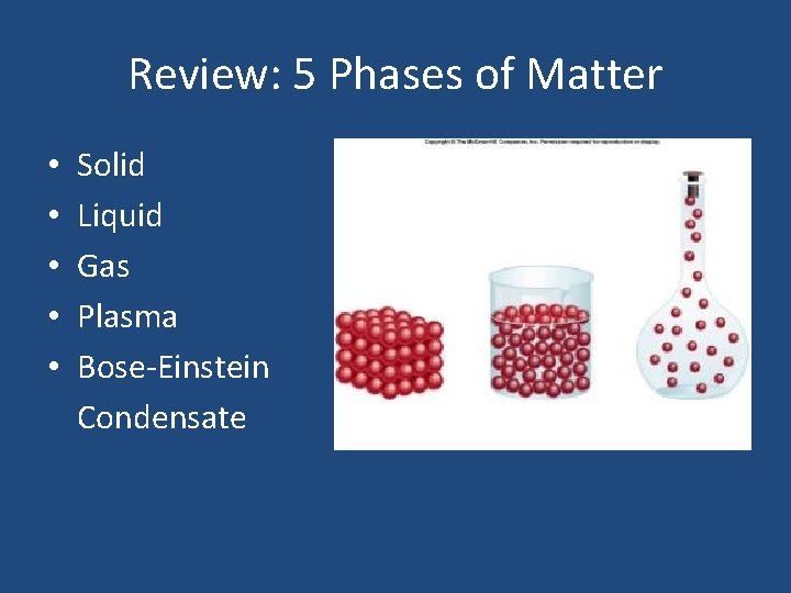 Review: 5 Phases of Matter • • • Solid Liquid Gas Plasma Bose-Einstein Condensate