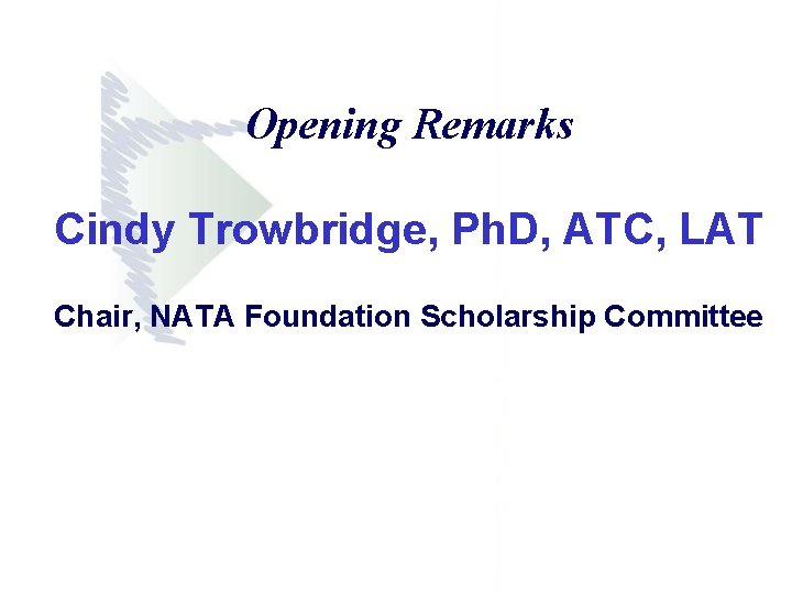 Opening Remarks Cindy Trowbridge, Ph. D, ATC, LAT Chair, NATA Foundation Scholarship Committee Opening Remarks Cindy Trowbridge, Ph. D, ATC, LAT Chair, NATA Foundation Scholarship Committee