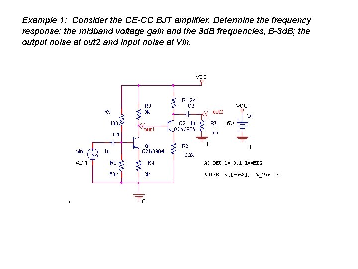 Example 1: Consider the CE-CC BJT amplifier. Determine the frequency response: the midband voltage Example 1: Consider the CE-CC BJT amplifier. Determine the frequency response: the midband voltage