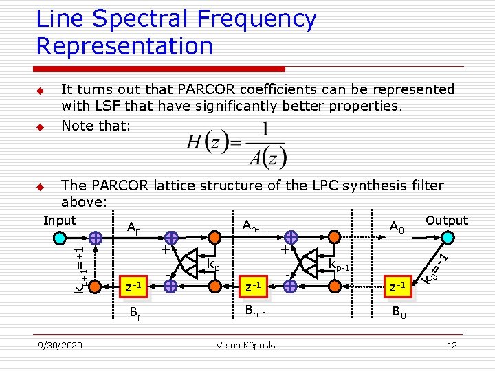 Line Spectral Frequency Representation The PARCOR lattice structure of the LPC synthesis filter above: