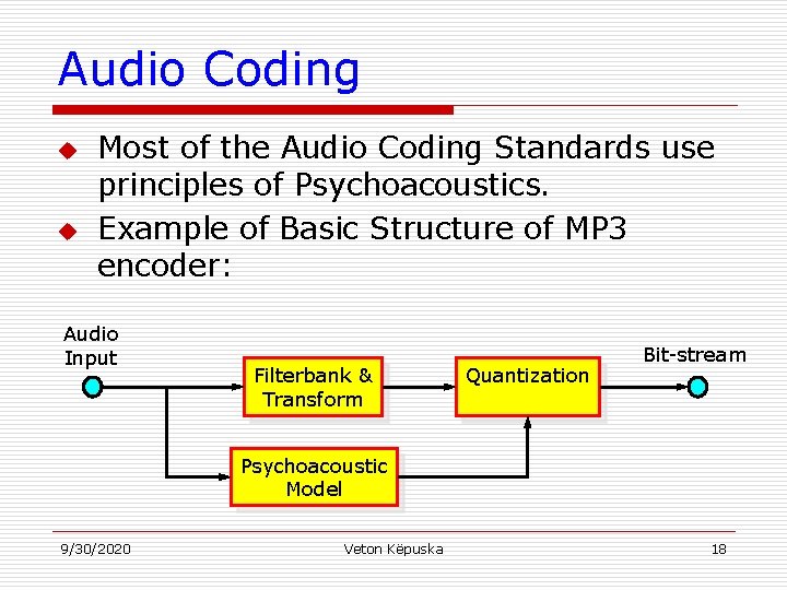 Audio Coding u u Most of the Audio Coding Standards use principles of Psychoacoustics.