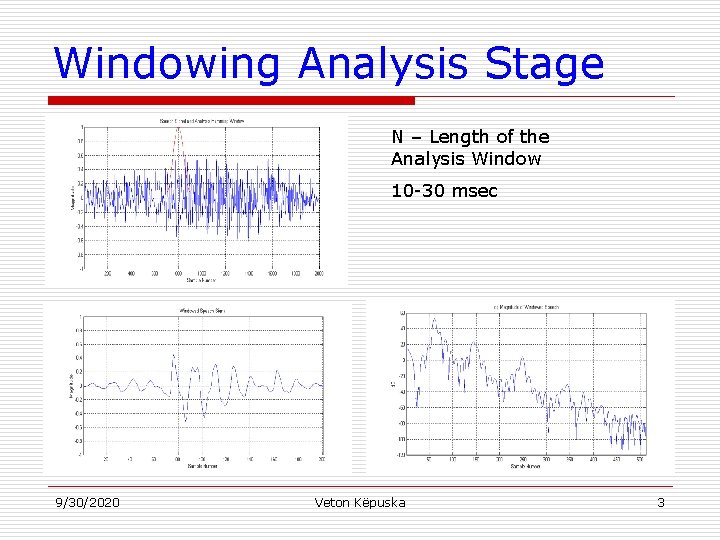 Windowing Analysis Stage N – Length of the Analysis Window 10 -30 msec 9/30/2020