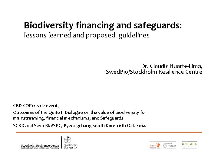 Biodiversity financing and safeguards: lessons learned and proposed guidelines Dr. Claudia Ituarte-Lima, Swed. Bio/Stockholm