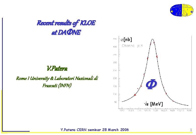 Recent results of KLOE at DA NE [nb] V. Patera Rome I University &