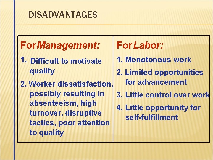 DISADVANTAGES For Management: For Labor: 1. Difficult to motivate quality 1. Monotonous work 2.